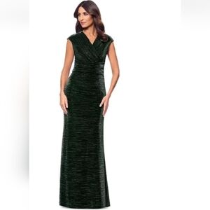 $269 Betsy & Adam Metallic Cap-Sleeve Surplice Gown Sz 12 Green Women Wedding